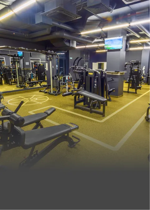 Тренажерный зал, оснащенный зоной свободных весов и силовыми тренажерами